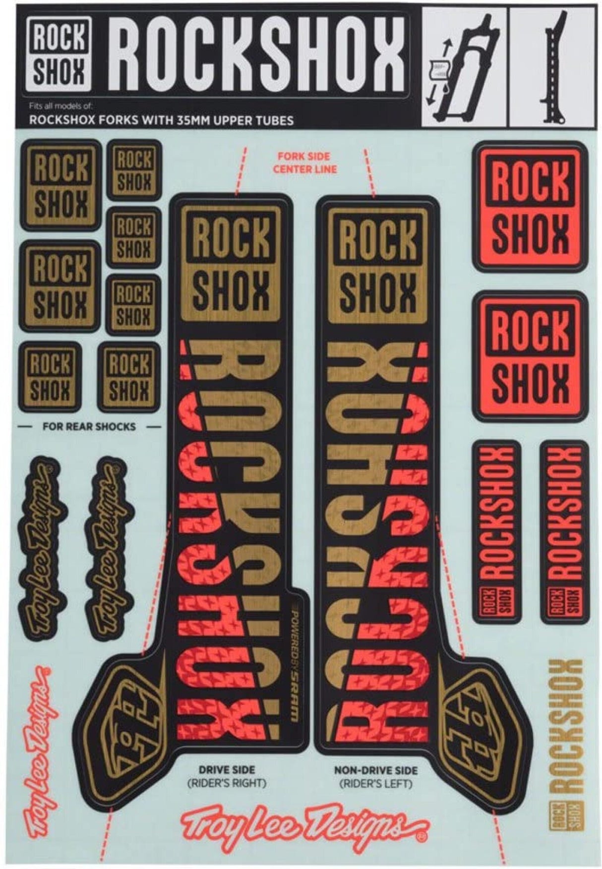Zestaw naklejek RockShox Troy Lee Designs 35mm Gold/Orange MY18 – PIKE/Lyrik/Yari/Domain/Revelation | RideHub